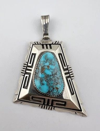 WILL DENETDALE NAVAJO STERLING SILVER NEVADA BLUE TURQUOISE STAMPED PENDANT 3" (1 of 2)