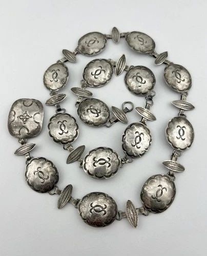 1940S FRED HARVEY ERA NAVAJO COIN SILVER STAMPED WOMEN'S CONCHO BELT 29.5"-67.6G (1 of 2)