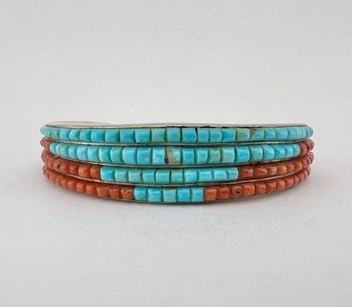 VTG NAVAJO STERLING SILVER 4 ROW HAND CUT TURQUOISE CORAL HEISHI CUFF BRACELET: VTG NAVAJO STERLING SILVER 4 ROW HAND CUT TURQUOISE CORAL HEISHI CUFF BRACELET #3 Vtg Navajo Sterling Silver 4 Row Hand Cut Turquoise Coral Heishi Cuff Bracelet Cuff is Around 5 1/8" tip to Tip and ha
