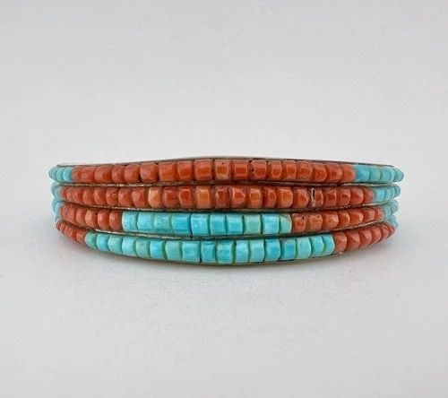 VTG NAVAJO STERLING SILVER 4 ROW HAND CUT TURQUOISE CORAL HEISHI CUFF BRACELET (1 of 2)