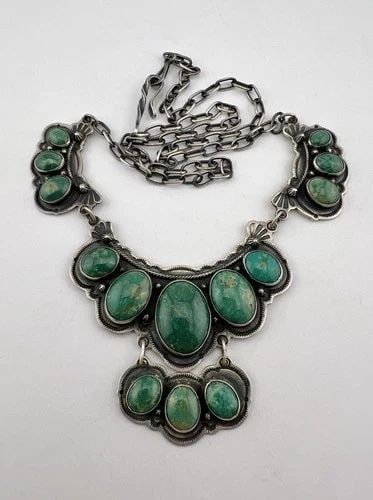 VTG AL SOMERS APACHE STERLING SILVER GREEN ROYSTON TURQUOISE COLLAR BIB NECKLACE (1 of 2)