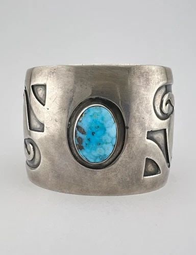 VTG HOPI STERLING SILVER BIRDS EYE KINGMAN TURQUOISE OVERLAY WIDE CUFF BRACELET (1 of 2)