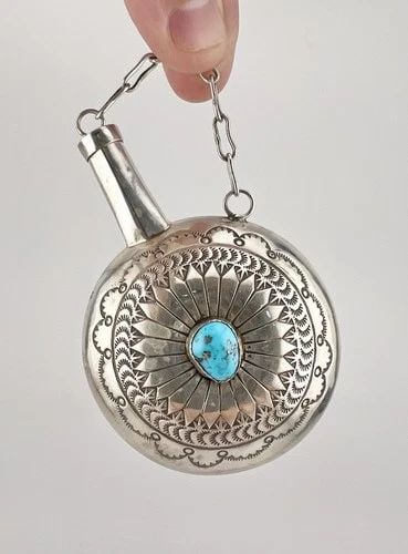 VTG NAVAJO STERLING SILVER STAMPED TURQUOISE TOBACCO FLASK CANTEEN 46G - 3.5" (1 of 2)