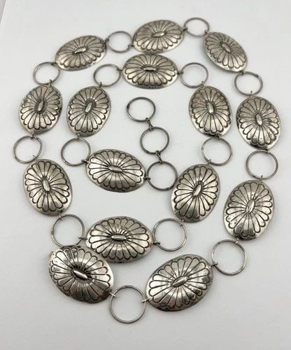 VINTAGE NAVAJO STERLING SILVER DEEP STAMPED OVAL CONCHO LINK BELT 38" - 81.5G (1 of 2)
