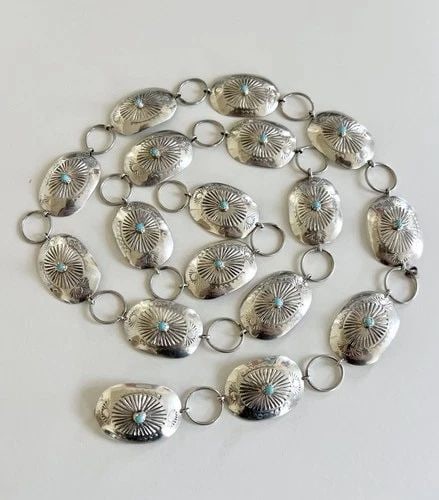 VTG NAVAJO STERLING SILVER SLEEPING BEAUTY TURQUOISE STAMPED CONCHO BELT 36" (1 of 2)