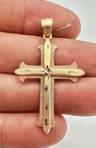 DESIGNER 14K YELLOW & ROSE GOLD SATIN DIAMOND CUT RELIGIOUS CROSS PENDANT 1.75" (1 of 2)