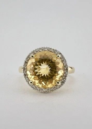 DESIGNER 14K YELLOW GOLD NATURAL ROUND LEMON CITRINE & DIAMOND HALO BAND RING: DESIGNER 14K YELLOW GOLD NATURAL ROUND LEMON CITRINE & DIAMOND HALO BAND RING Designer 14k Yellow Gold Natural Round Lemon Citrine & Diamond Halo Band Ring Ring Size: 7 - Can Be Resized Metal: 14k Yel
