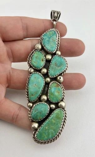 HUGE 5" VTG NAVAJO STERLING SILVER NEVADA KING’S MANASSA TURQUOISE PENDANT 50.5G: HUGE 5" Vtg Navajo Sterling Silver Nevada King’s Manassa Turquoise Pendant 50.5g Size: 5" Tall With bail by 1 1/2" Wide Weight is 50.5 Grams on my scale Test Positive For Sterling Silver Amazing Nat