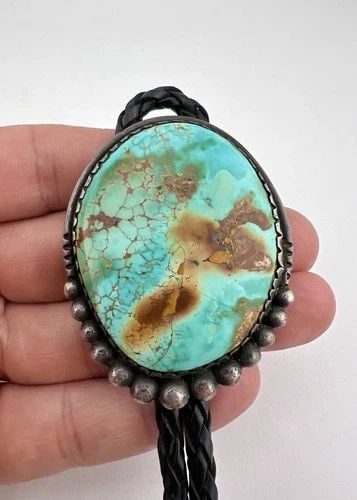 VINTAGE NAVAJO STERLING SILVER HIGH GRADE ROYSTON TURQUOISE OVAL BOLO TIE 2.25" (1 of 2)