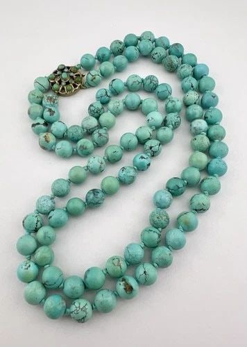 OLD CHINESE SILVER CARVED 8.5MM TURQUOISE BALL BEAD KNOTTED 2 STRAND NECKLACE: Antique Old Chinese Silver Carved 8.5mm Turquoise Ball Bead Knotted 2 Strand Necklace Size is Around 18.5" long Necklace is Double Strand Metal: Gilt Silver Lock Clasp With Turquoise Stones Set One To