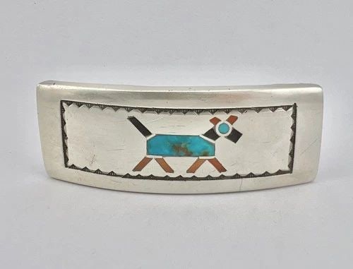 1940'S ZUNI NAVAJO STERLING SILVER FLUSH INLAY STAMPED DOG HORSE BELT BUCKLE 3" (1 of 2)