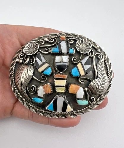 VINTAGE NAVAJO STERLING SILVER FLUSH MULTI GEMSTONE KNIFEWING BELT BUCKLE 3.5": VINTAGE NAVAJO STERLING SILVER FLUSH MULTI GEMSTONE KNIFEWING BELT BUCKLE 3.5" Vintage Navajo Sterling Silver Flush Multi Gemstone Knifewing Belt Buckle 3.5" Size: Around 3 1/2" Wide By 2 7/8" Tall We