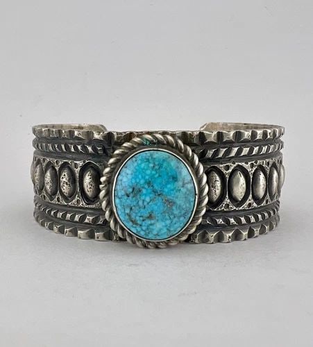 STEWART BILLIE NAVAJO TUFA CAST STERLING SILVER TURQUOISE CUFF BRACELET 60.5G (1 of 2)