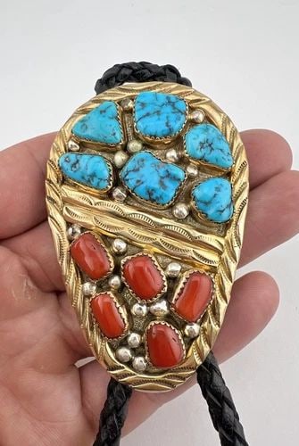 NAVAJO STERLING SILVER GOLD FILLED SLEEPING BEATY TURQUOISE & CORAL BOLO TIE 3" (1 of 2)
