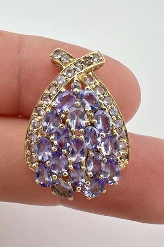 DESIGNER 10K YELLOW GOLD NATURAL TANZANITE CLUSTER SLIDE PENDANT (1 of 2)
