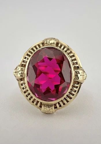 ANTIQUE ART DECO 10K YELLOW GOLD OLD OVAL CUT SYNTHETIC LAB RUBY SIGNET RING (1 of 2)