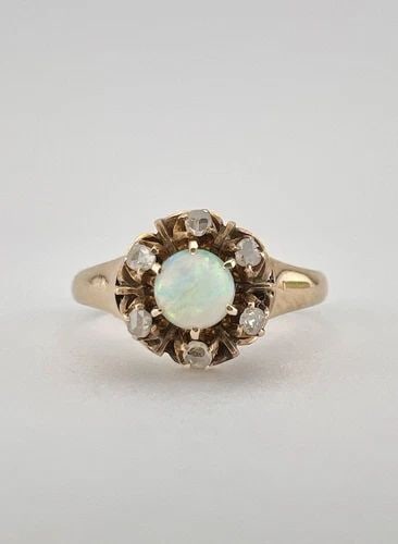 ANTIQUE VICTORIAN 14K ROSE GOLD FIRE OPAL & ROSE CUT DIAMONDS CLAW SET HALO RING (1 of 2)