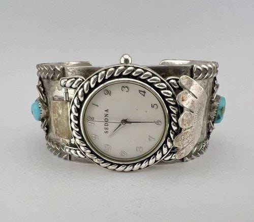 136.9G VTG NAVAJO STERLING SILVER TURQUOISE STAMPED MEN'S CUFF WATCH BRACELET (1 of 2)