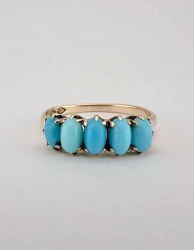 ANTIQUE EUROPEAN VICTORIAN 14K ROSE GOLD PERSIAN TURQUOISE CLAW SET 5 STONE RING: Antique European Victorian 14k Rose Gold Persian Turquoise Claw Set 5 Stone Ring Ring Size: 6.25 - Can Be Resized - Face of The Ring is About 6mm (1/4") Wide Metal: Test Around 14k Rose Gold Weight is
