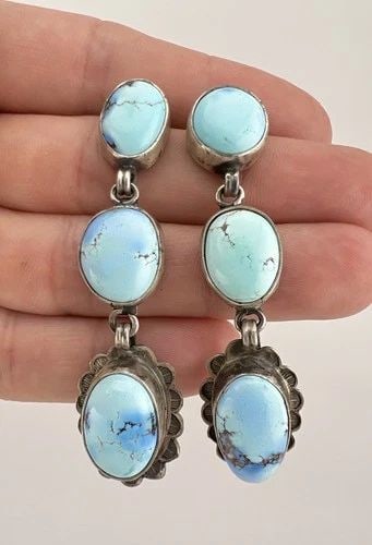 DANNY CLARK NAVAJO STERLING SILVER GOLDEN HILLS TURQUOISE DANGLE EARRINGS 2.5": DANNY CLARK NAVAJO STERLING SILVER GOLDEN HILLS TURQUOISE DANGLE EARRINGS 2.5" Danny Clark Navajo Sterling Silver Golden Hills Turquoise Dangle Earrings 2.5" Earring Size: 2 1/2" Tall With Dangle & Ju