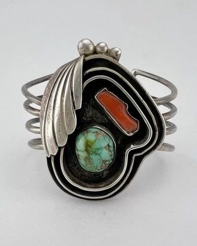 UNUSUAL VTG NAVAJO STERLING SILVER ROYSTON TURQUOISE & CORAL CUFF BRACELET 61.9G (1 of 1)
