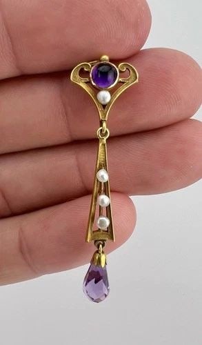 ANTIQUE ART NOUVEAU 14K YELLOW GOLD AMETHYST SEED PEARL LAVALIER PENDANT 2 1/8" (1 of 2)