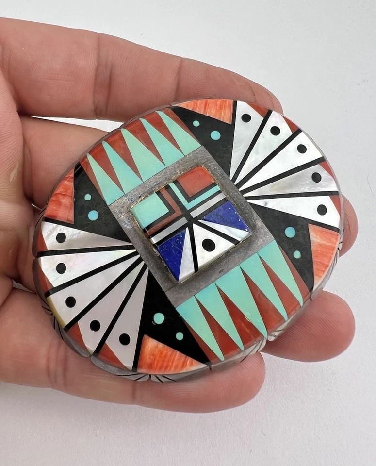 VTG CHESTER BENALLY NAVAJO STERLING SILVER MULTI GEM WOMEN'S BELT BUCKLE 2 5/8" (1 of 1)
