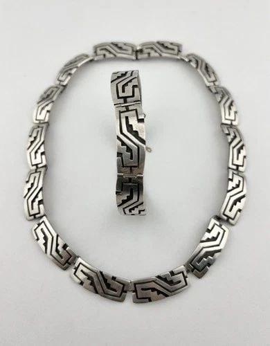 VINTAGE MEXICO TAXCO STERLING SILVER TRIBAL OVERLAY BRACELET NECKLACE SET 104G (1 of 1)