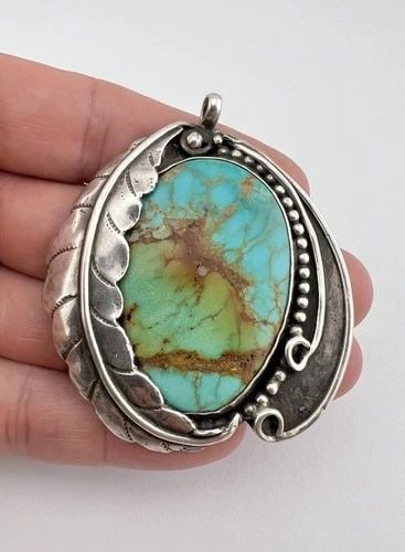 HUGE VTG GREG LEWIS ACOMA STERLING SILVER ROYSTON TURQUOISE STAMPED PENDANT 2.5": HUGE Vtg Greg Lewis Acoma Sterling Silver Royston Turquoise Stamped Pendant 2.5" Size: 2 1/2" Tall With Bail & Just Under 2 1/4" Wide Weight is 38.9 Grams on my scale Test Positive For Sterling Silver
