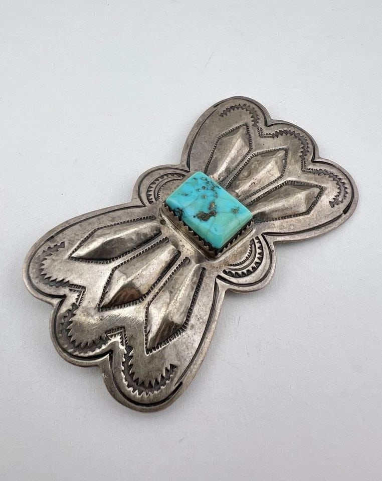 1940'S NAVAJO STERLING SILVER BLUE TURQUOISE STAMPED BUTTERFLY PIN BROOCH 2.75" (1 of 1)