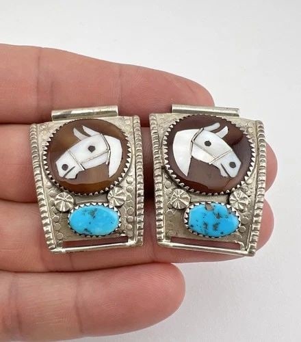 VTG ISABEL SIMPLICIO ZUNI STERLING SILVER MULTI GEM FLUSH HORSE MEN'S WATCH TIPS (1 of 1)