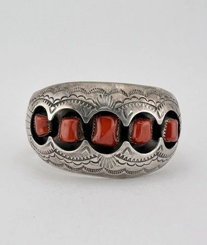 VTG P BENALLY NAVAJO STERLING SILVER RED CORAL SHADOWBOX STAMPED CUFF BRACELET: VTG P BENALLY NAVAJO STERLING SILVER RED CORAL SHADOWBOX STAMPED CUFF BRACELET Vtg P Benally Navajo Sterling Silver Red Coral Shadowbox Stamped Cuff Bracelet Cuff is Just Under 5 1/2" tip to Tip and h