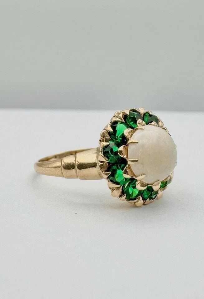 VTG 10K YELLOW GOLD NATURAL AUSTRALIAN FIRE OPAL & CHROME DIOPSIDE FLOWER RING (1 of 1)