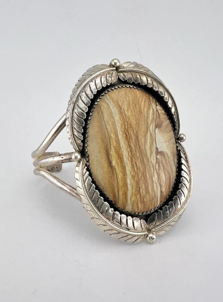 VINTAGE NAVAJO STERLING SILVER PICTURE JASPER STAMPED WIDE CUFF BRACELET #2 (1 of 1)