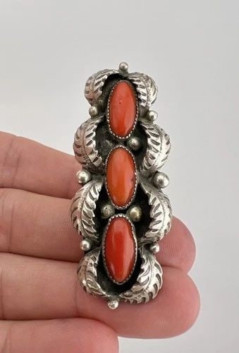 HUGE VTG NAVAJO STERLING SILVER CORAL SHADOWBOX STAMPED FEATHER LONG RING 2.25": HUGE Vtg Navajo Sterling Silver Coral Shadowbox Stamped Feather Long Ring 2.25" Ring Size: 7.25 - Can be Resized Ring Is 2 1/4" Wide In the Center By About 1" Wide Weight is 15.5 Grams on my scale Tes