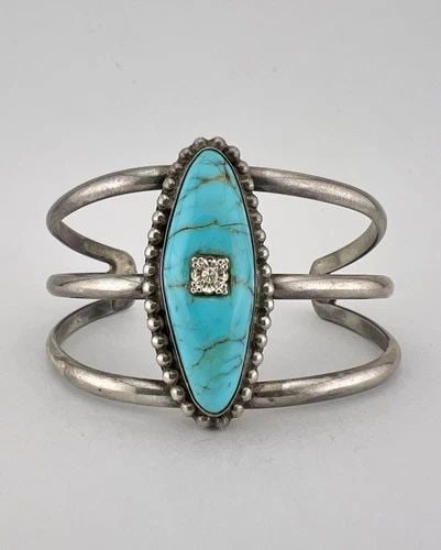 VINTAGE NAVAJO STERLING SILVER KINGMAN TURQUOISE & DIAMOND CUFF BRACELET 40G (1 of 1)