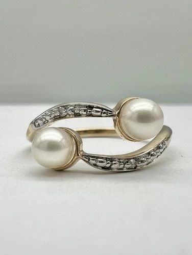 DESIGNER 10K YELLOW GOLD WHITE AKOYA PEARL & DIAMOND BYPASS CRISS CROSS RING (1 of 2)