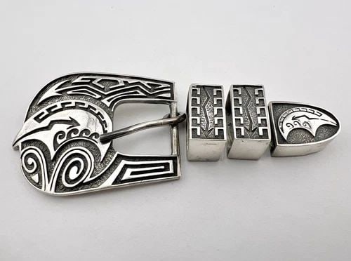 VTG NAVAJO STERLING SILVER STAMPED BEAR OVERLAY 4 PIECE RANGER BELT BUCKLE 65.5G (1 of 1)