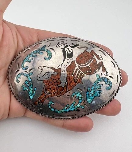 4" NAVAJO STERLING SILVER CHIP INLAY TURQUOISE CORAL COWBOY RODEO BELT BUCKLE (1 of 2)