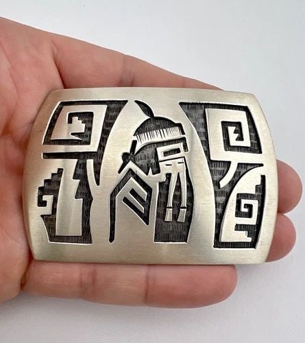 VTG HOPI STERLING SILVER MUDMAN KACHINA & TRIBAL OVERLAY BELT BUCKLE 3" -43.3G (1 of 1)