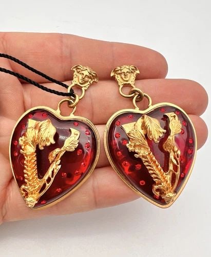 NEW VERSACE MEDUSA HEAD V RED ENAMEL HEART RUNWAY STATEMENT PIERCED EARRINGS (1 of 1)