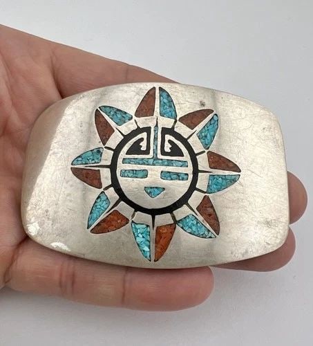 VTG NAVAJO STERLING SILVER TURQUOISE CORAL CHIP INLAY SUNFACE BELT BUCKLE 72.3G (1 of 1)