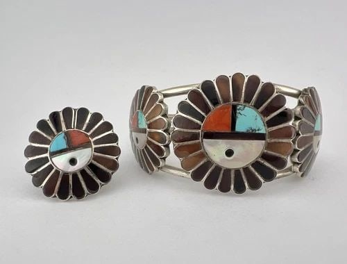 VTG DIXSON ZUNI STERLING SILVER MULTI GEMSTONE SUNFACE CUFF BRACELET & RING SET (1 of 1)