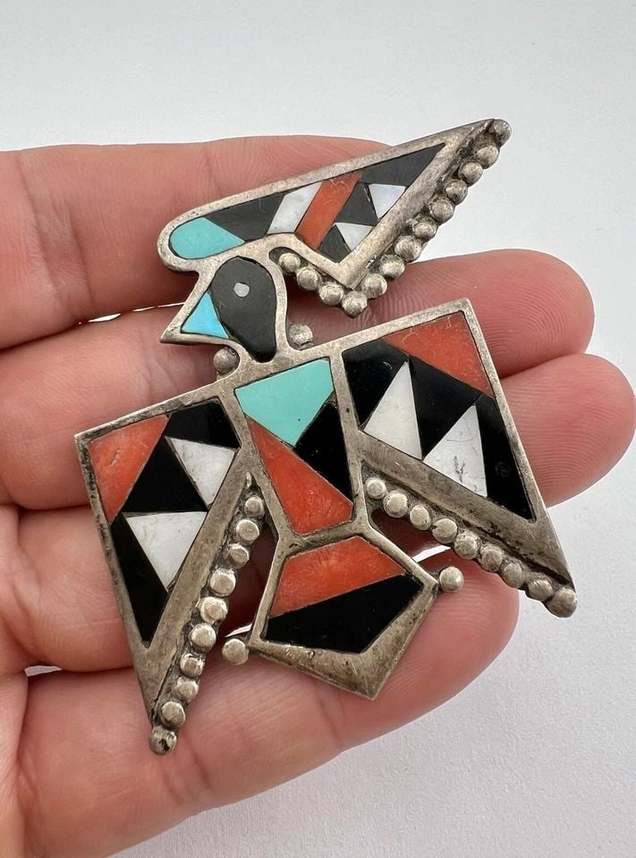 VTG ZUNI STERLING SILVER FLUSH GEMSTONE PEYOTE WATER BIRD FLUSH PIN BROOCH 2.25" (1 of 1)