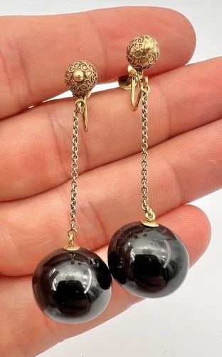 2" ANTIQUE 14K YELLOW GOLD BLACK ONYX RESIN BALL DANGLE LONG SCREW EARRINGS (1 of 1)