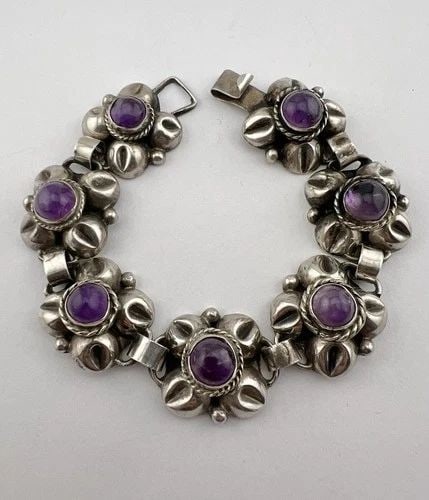 VTG 1940'S MEXICO TAXCO STERLING SILVER AMYTHYST FLORAL LINK HOOK BRACELET 38G (1 of 1)