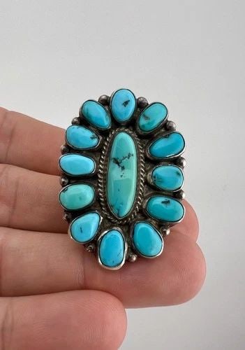 VTG NAVAJO STERLING SILVER SLEEPING BEAUTY TURQUOISE CLUSTER WOMEN'S RING 1 5/8" (1 of 1)