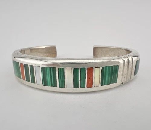 VTG NAVAJO STERLING SILVER CORAL MOTHER OF PEARL MALACHITE FLUSH CUFF BRACELET (1 of 1)