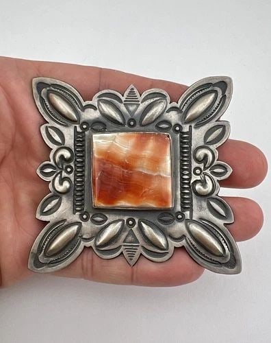 HUGE HARRY MORGAN NAVAJO DEEP STAMPED STERLING SILVER SPINY OYSTER PIN BROOCH 3" (1 of 2)