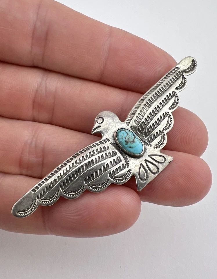 1940'S NAVAJO STERLING SILVER TURQUOISE STAMPED THUNDERBIRD PIN BROOCH 2 5/8" (1 of 1)